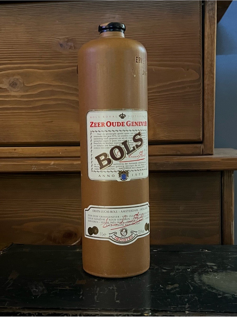 Vintage Bols Zeer Oude Genever Clay Bottle - Dutch Barware Decor - 1L
